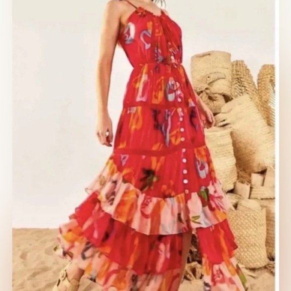 Farm Rio Red Mixed Fruits Ocean Midi Dress - Picture 1 of 8